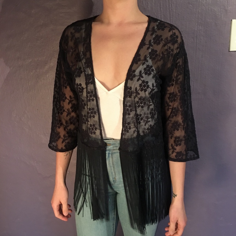 Sheer cardigan floral embroidery and fringe